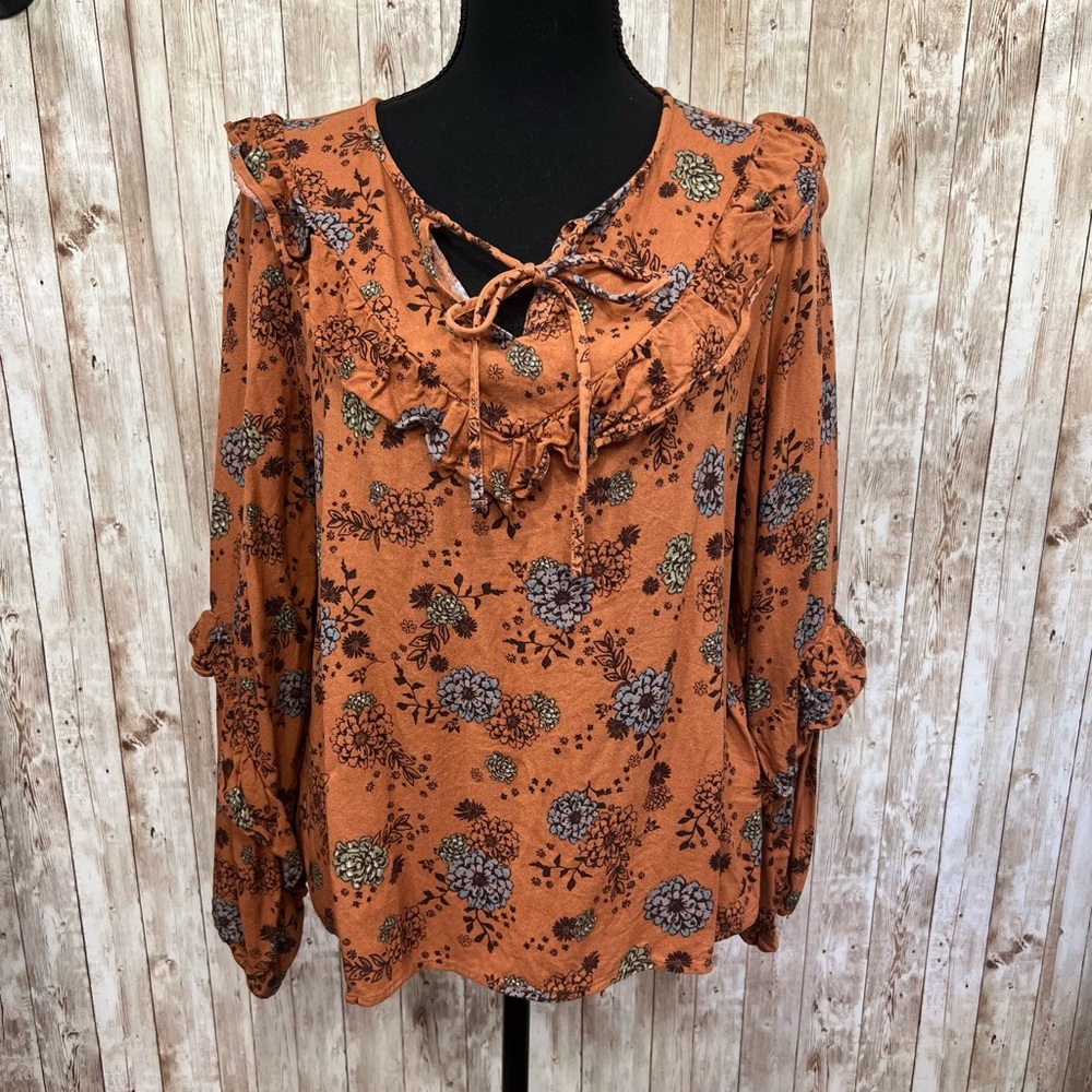 Sonoma‎ Orange Black Ruffled Tie Front Blouse - Size L